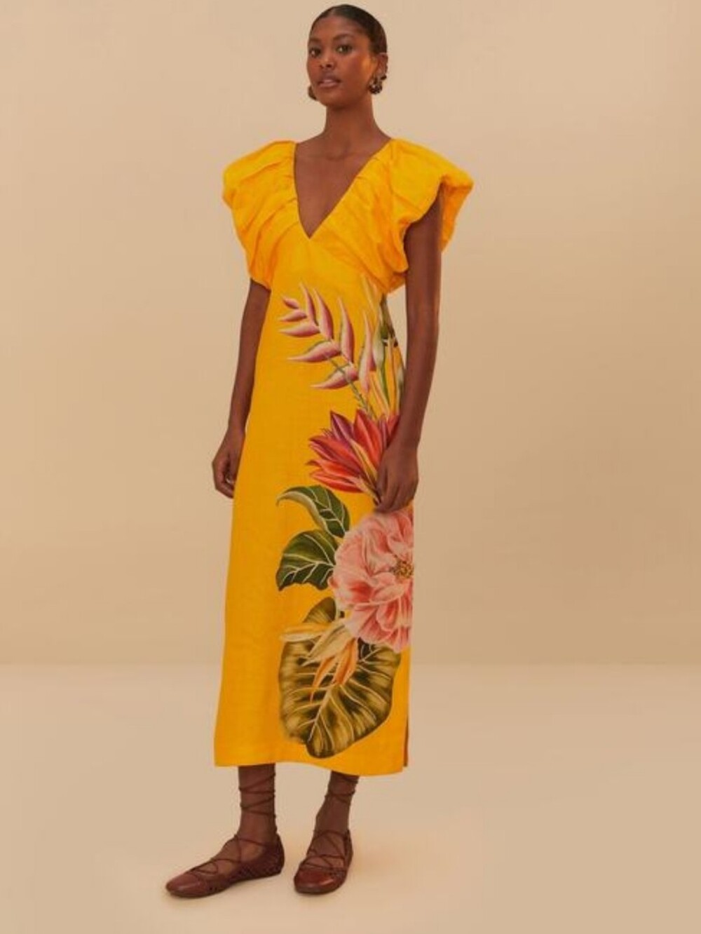 NWT FARM Rio Yellow Floral  Linen V-Neck  Midi Dress